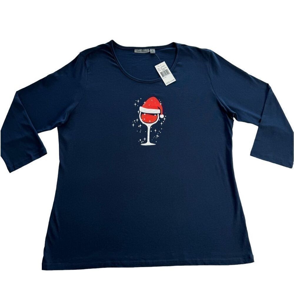 JASON MAXWELL WOMEN’S XLARGE SANTA’S HAT ON WINE GLASS LONG SLEEVE TEE